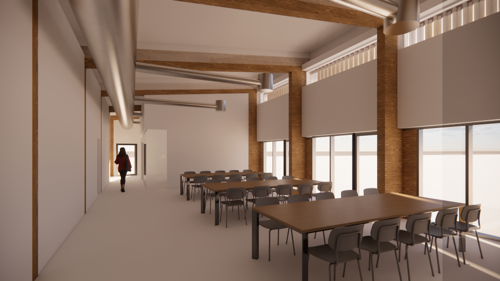 Modeltegning af frokoststue i vand og Affalds nye domicil til dagrenovation og genbrugsbiler