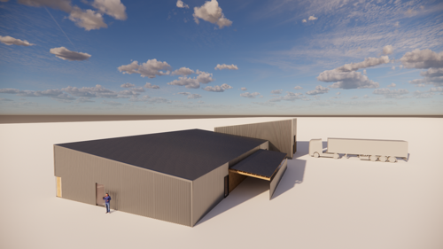 Modeltegning af bagsiden på Vand og Affalds nye domicil til dagrenovation og genbrugsbiler